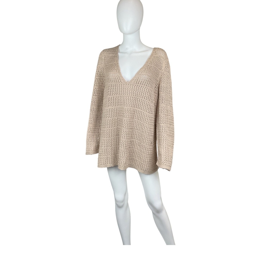 Lafayette 148 cashmere silk blend Crochet Knit Sweater V Neck Long Sleeve Beige